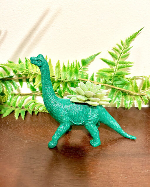 Up-cycled Glittery Emerald Green Apatosaurus Dinosaur Planter - Image 2