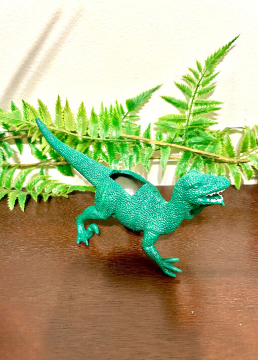 Up-cycled Glittery Emerald Green Velociraptor Dinosaur Planter - Image 3