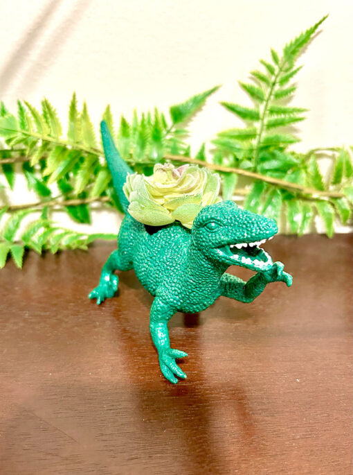 Up-cycled Glittery Emerald Green Velociraptor Dinosaur Planter