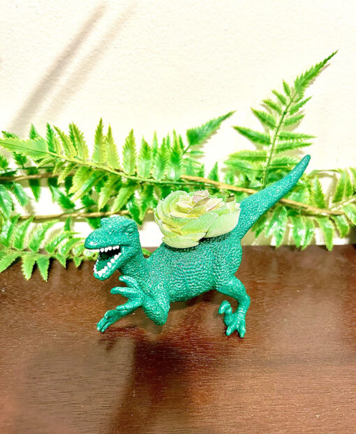 Up-cycled Glittery Emerald Green Velociraptor Dinosaur Planter - Image 2