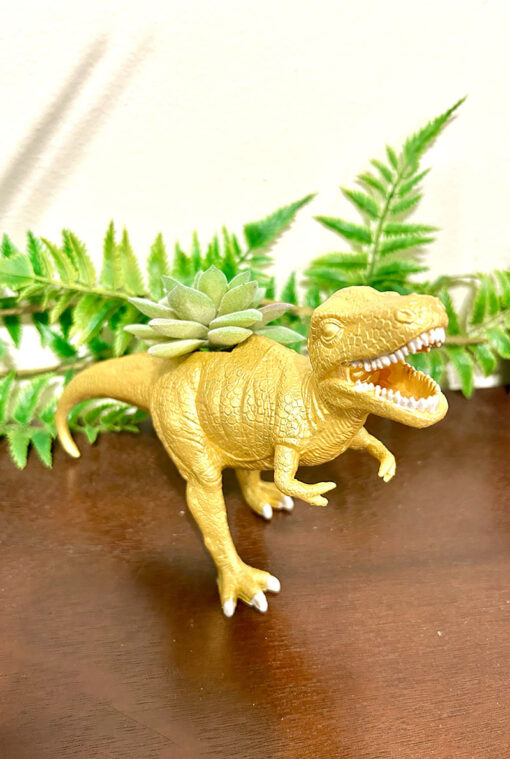 Up-cycled Gold T-Rex Dinosaur Planter