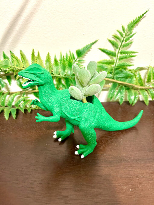 Up-cycled Green Dilophosaurus Dinosaur Planter - Image 2