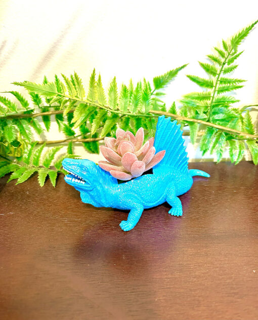 Up-cycled Tropical Blue Edaphosaurus Dinosaur Planter - Image 2