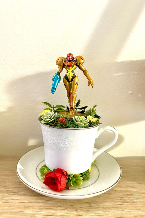 Samus Aran from Metroid Tea Cup Terrarium